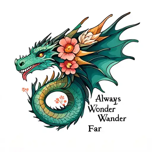 "Always Wonder Wander Far" minimalist whimsical dragon with flowers tattoo design idea
