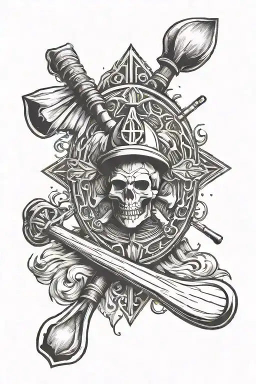 rowing oar, star of life, fire axe, smoke tattoo design idea