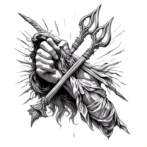 Create a tattoo for me with Poseidon's scepter. The three forks on the hand and the body of the scepter on the wrist tattoo design idea