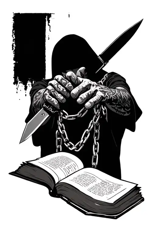 The Hand Around the Neck in the center, stalker in silhouette with chain and knife in his hands, open book in the bottom tattoo design idea