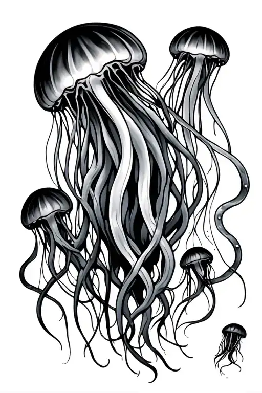 In black and white. A box jellyfish, a few of the tentacles seperate from the others, drifting more to the side. tattoo design idea