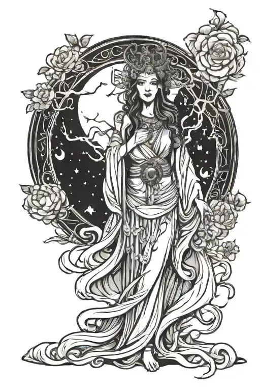 wisdom goddess full body standing flowing robe powerful sexy full moon rising tattoo design idea