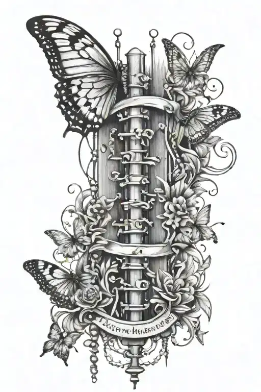 spine tattoo with words going down and rosary beads attached to an unc and butterflies randomly placed around the back tattoo design idea