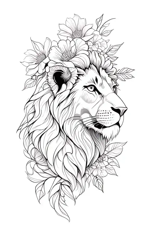 patchwork half sleeve flowers, lion, and pretty design tattoo design idea