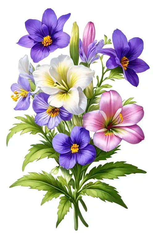 violets, primroses, asters calli lilies flowers intertwined tattoo design idea