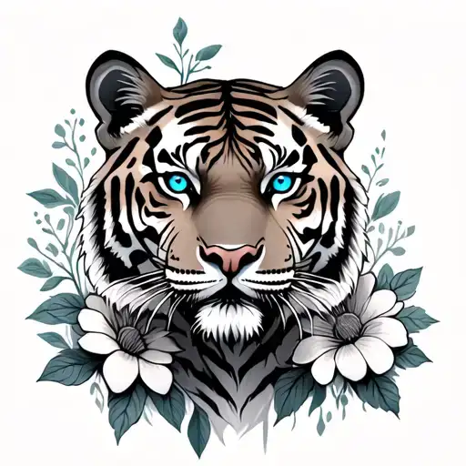 a tiger with blue eyes and a clock with ruin text and flowers tattoo design idea