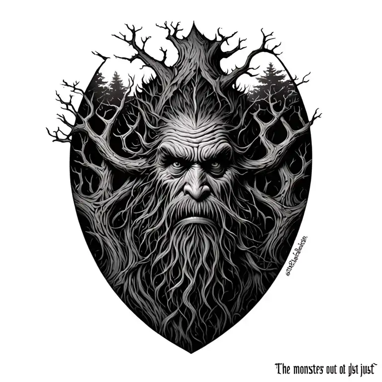 "the monsters turned out to be just trees" treebeard, fangorn forest scene tattoo design idea