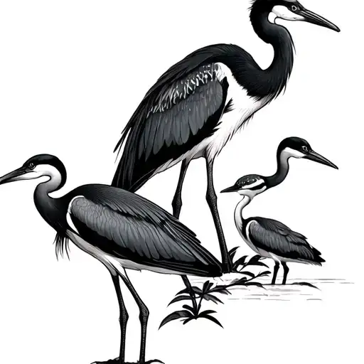 family of four Japanese herons, two adults and two babies tattoo design idea