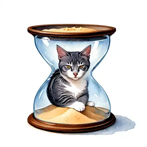 curled up, grey & white, manx cat sleeping inside the bottom section of a big hourglass, all the sand at bottom section tattoo design idea