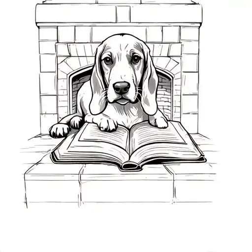 basset hound puppy reading a book by the fire place tattoo design idea