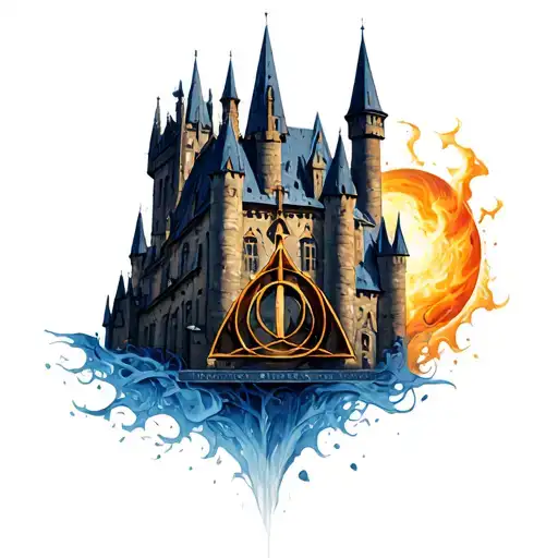 Hogwarts castle and deathly hallows tattoo design idea