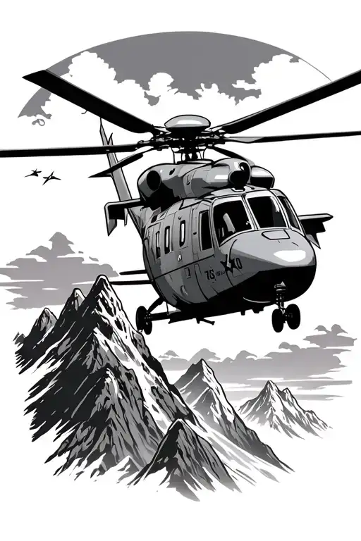 top gun helicopter flying over a mountain with a militar in de back tattoo design idea