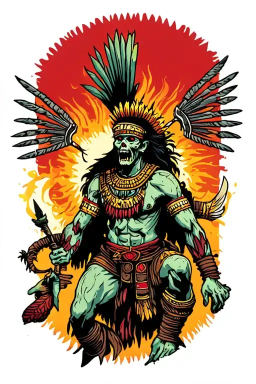An Aztec underworld protector battling zombies tattoo design idea
