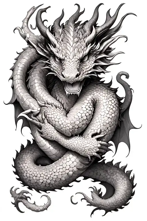 dragon wrapped arms around herself tattoo design idea