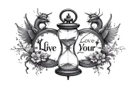 "Live Your Life" "Live Your Life" hourglass and pocket watch background creatures tattoo design idea