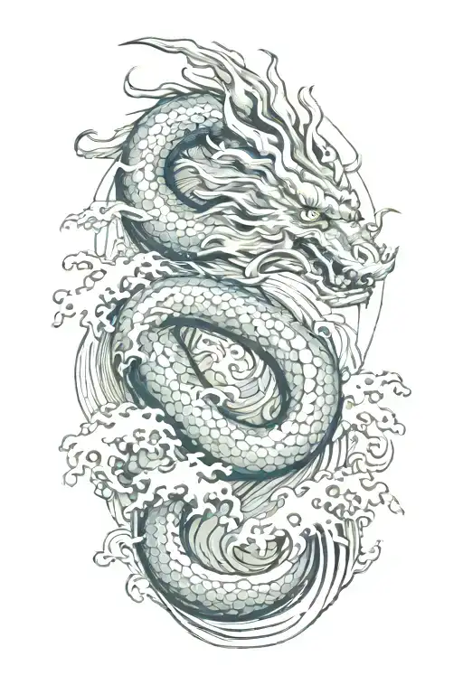 a Japanese dragon, against the background of Hokusai's Great Wave print tattoo design idea