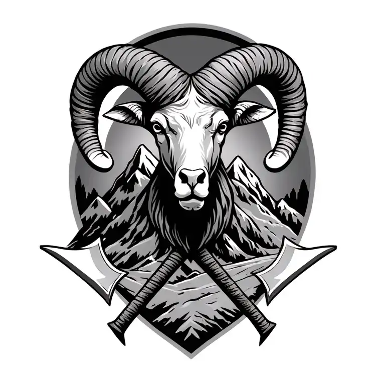 Ram axes crossed beneath mountains It cointain nature tattoo design idea