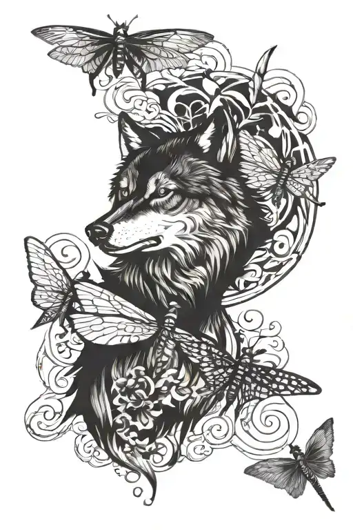 wolf, dragonfly flying tattoo design idea