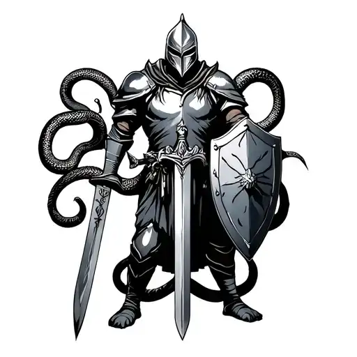 Standing Knight, sword, shield surrounded by snakes tattoo design idea