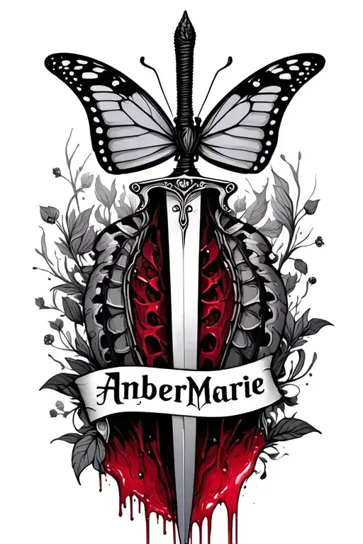 a dagger stabbing a butterfly striaght down the spine dripping blood into a tramp stamp of the name AmberMarie  tattoo design idea