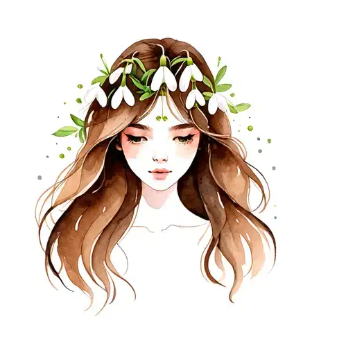 woman with long brown hair and open snowdrop flower on the head tattoo design idea