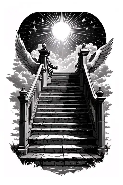 stairway to heaven walking up stairs angels sun rays clouds heaven gate at the top of the stairs  tattoo design idea