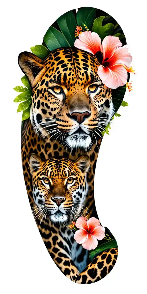 leopards and tigers surrounded with leopard print and hibiscus flowers  tattoo design idea