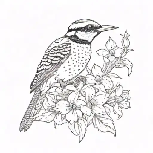 flowers and woodpecker  tattoo design idea