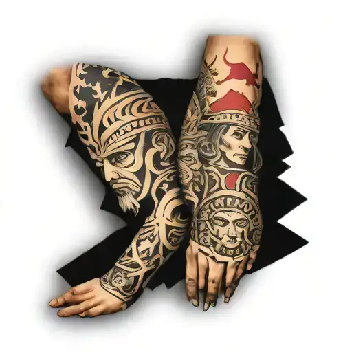 A cool forearm sleeve tattoo that has meaning about family, overcoming struggles and coming out the other side a warrior tattoo design idea