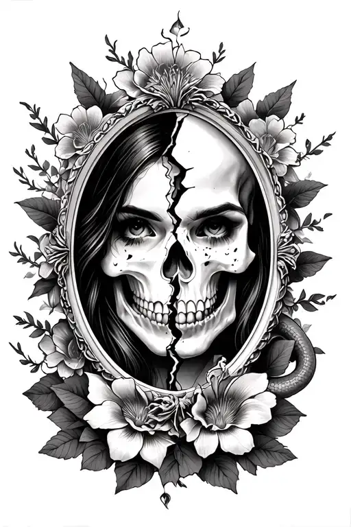 broken mirror with half womans face and half skull surrounded by snakes and flowers tattoo design idea