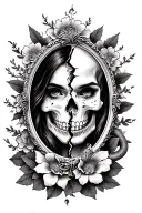 broken mirror with half womans face and half skull surrounded by snakes and flowers tattoo design idea