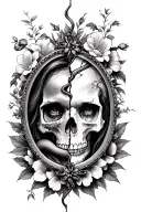 broken mirror with half womans face and half skull surrounded by snakes and flowers tattoo design idea