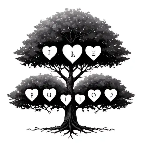 family tree with children's initials in heart along the tree and each branch with their children's initials in hearts  tattoo design idea