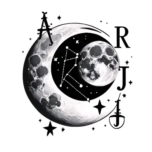 full moon with libra constellation and the letters R+J hidden in the design tattoo design idea