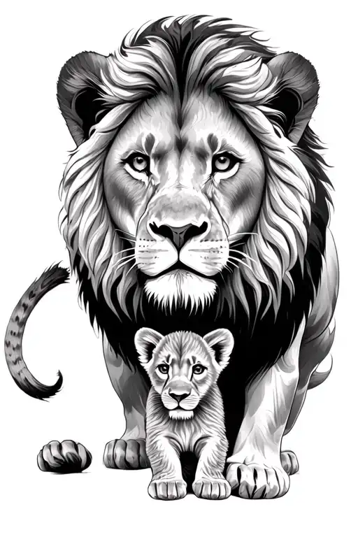 lion protecting lion cub tattoo design idea
