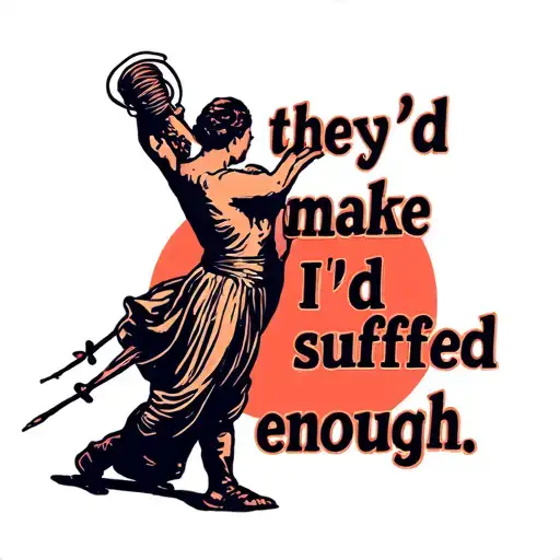 The text "they'd make sure I'd suffered enough" in a bold font and an image of person being whipped tattoo design idea