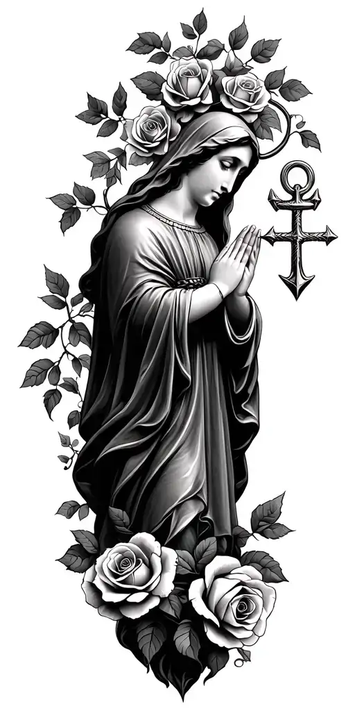 Praying mother Mary, vine of roses intertwined, saggitarius anchor tattoo design idea