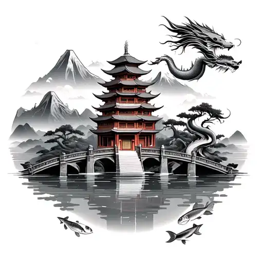 Chinese pagoda with mountain landscape with waterfall and lake at the base with a silver dragon and carp with in the lake. a bridge tattoo design idea