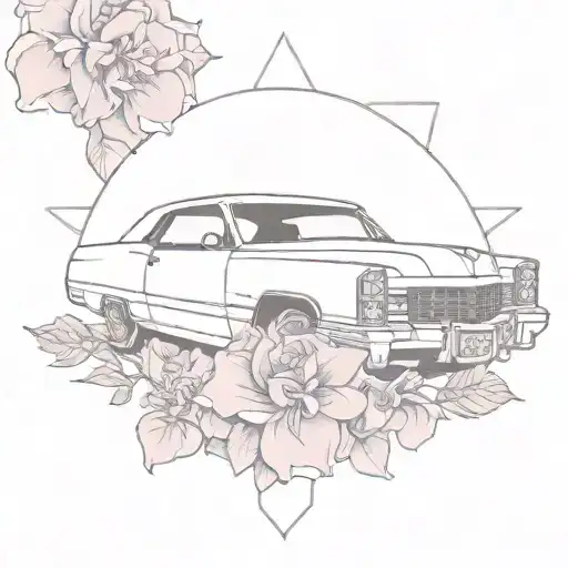 purple cadillac coupe devill surrounded by flowers tattoo design idea