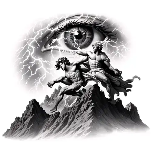 create a tattoo of achillies fighting with zeus striking lightning at the top of a mountain and an eye tattoo design idea