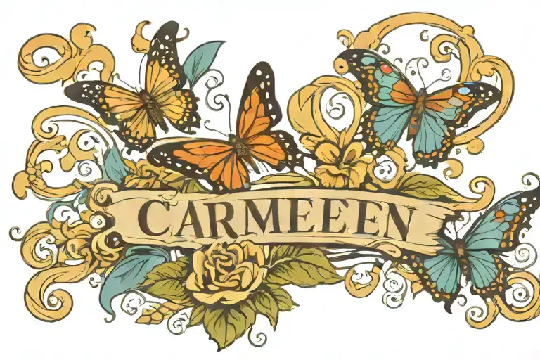 Carmen name with butterflies and swirls ocean tattoo design idea