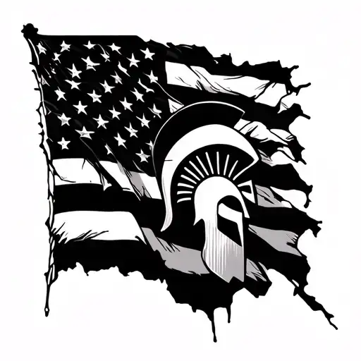 american flag tattered and waving, spartan inspired tattoo design idea