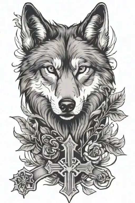 wolf and cross tattoo design idea