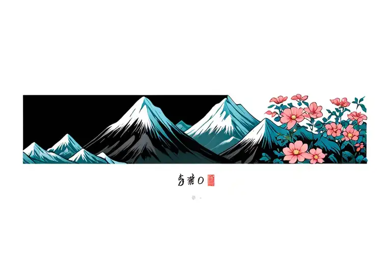 Mountains and flowers tattoo design idea