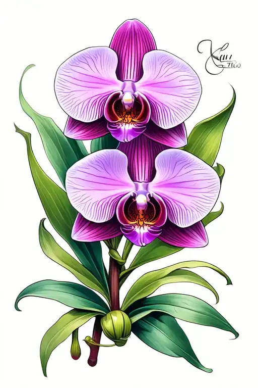 A traditional tattoo of a classic orchid design with bold lines and vibrant colors, reminiscent of vintage botanical illustrations tattoo design idea