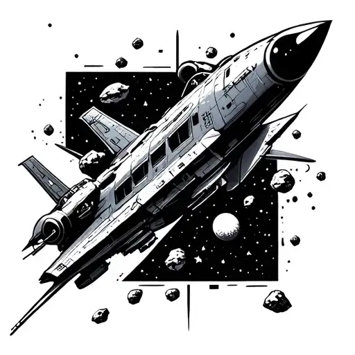 Jet out of this world flying into space with asteroids and spaceships  tattoo design idea