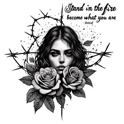 "Stand in the fire and become what you are" surounded by barbed wire and roses tattoo design idea