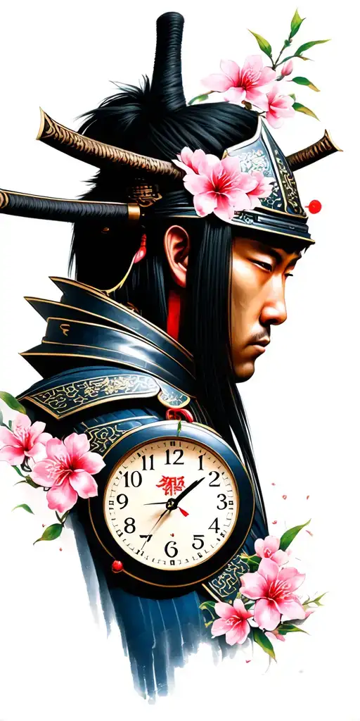 Japanese style samurai warrior face with incorporation  11:11 tume clock and chinese temple sakura flower tattoo design idea