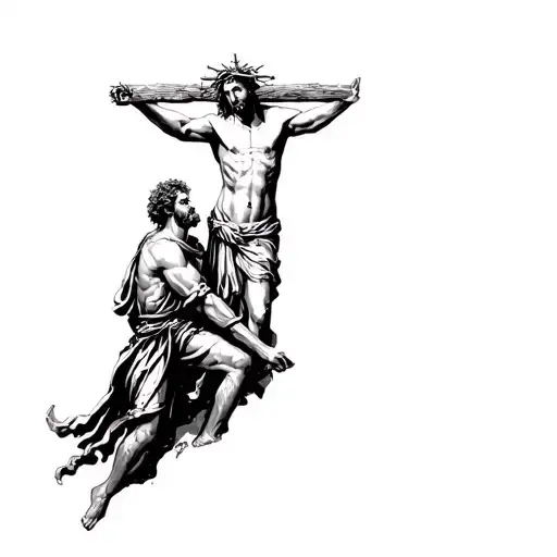 christ at top with crown of thorns and below st michael in battle attire casting down tattoo design idea