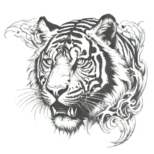 fire tiger smoke night tattoo design idea
